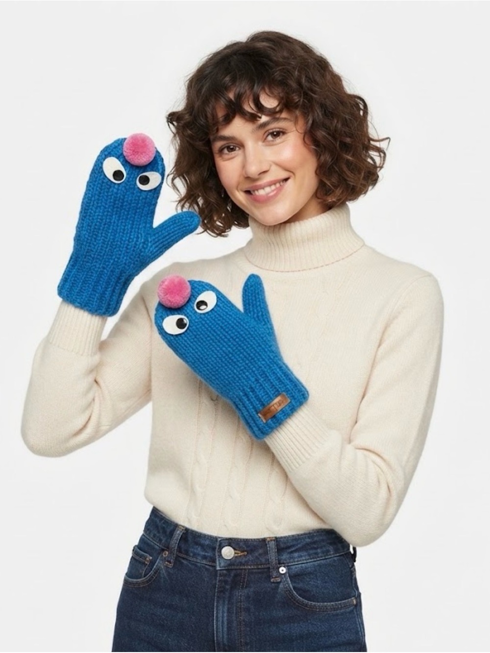 deLux Hand Knit Wool Blue Monster Puppet Character Winter Mittens